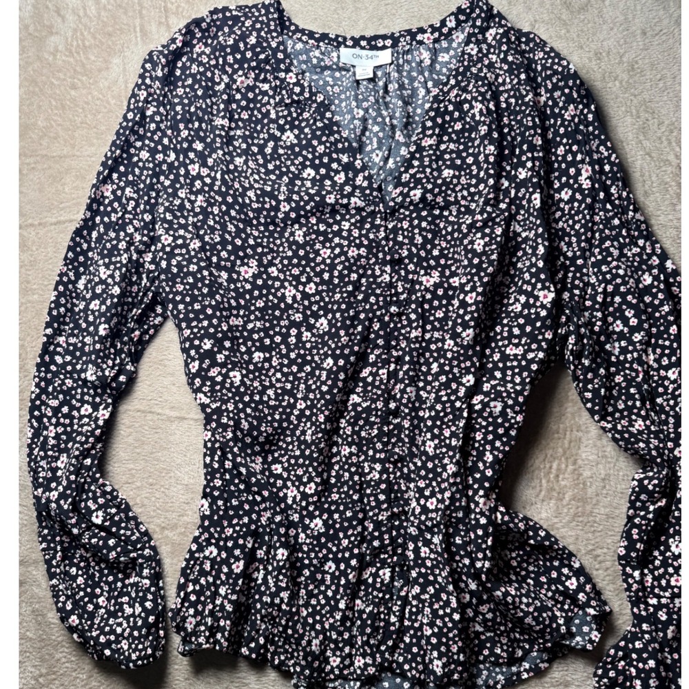 ON-34th Womens 2X Black Floral V-Neck Button Viscose Blouse Cottagecore‎ Summer